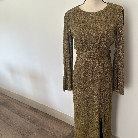 Designer Lenna Dress Gold  Metallic Cut-out Maxi M/L NWOT - Picture 3 of 16